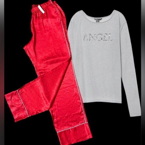 Victorias Secret Silky Satin thick pants & soft bling Angel top pajama set red L - Picture 13 of 13
